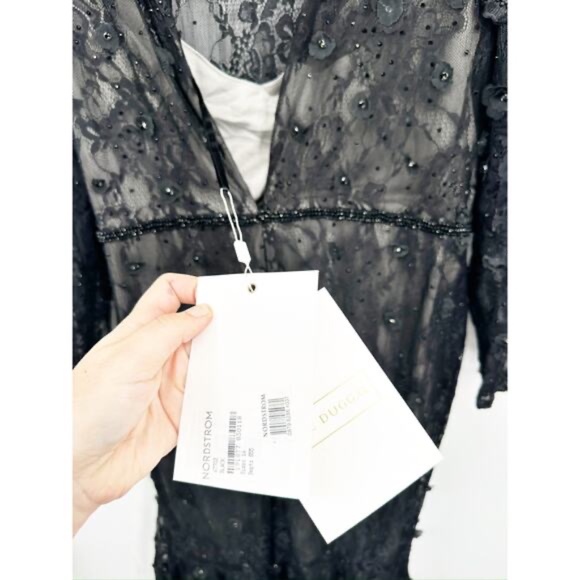 Mac Duggal 67703 Black Floral Appliqué Long Sleeve Cocktail Midi Dress Size 16 - Picture 8 of 8